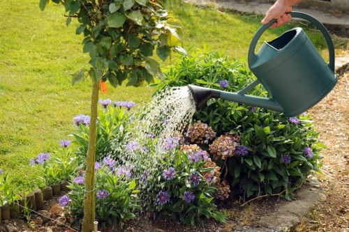 Team performing large garden clearance in a terrace garden